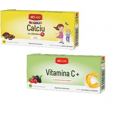 Bioland Calciu Junior si Vitamina D3 portocale 20cpr + Vitamina C Junior 20cpr
